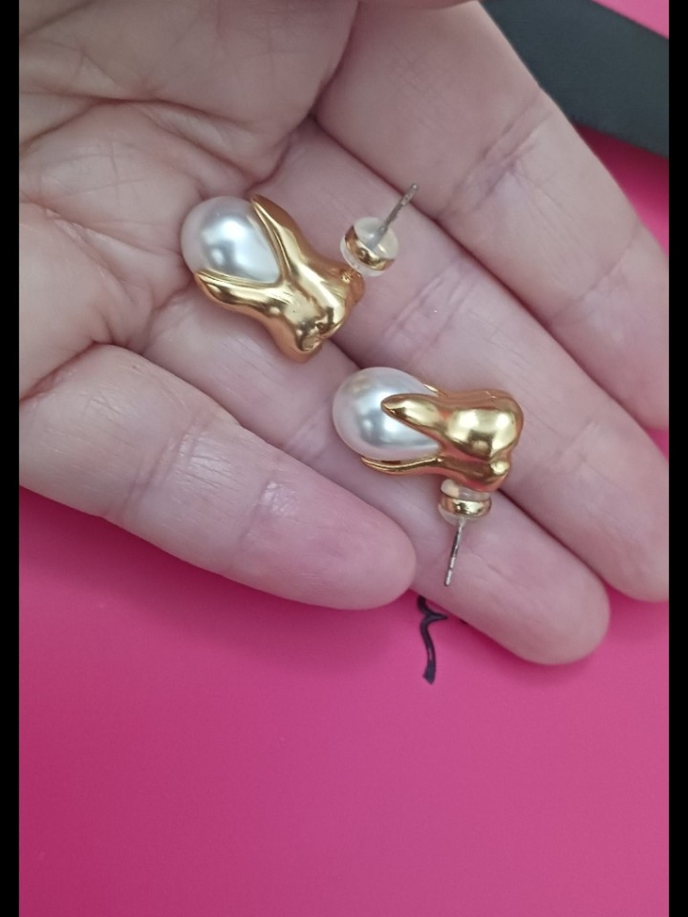 Schiaparelli Gold and White Pearl Tooth Small Drop Earrings Studs Made FRANCE - Picture 2 of 4